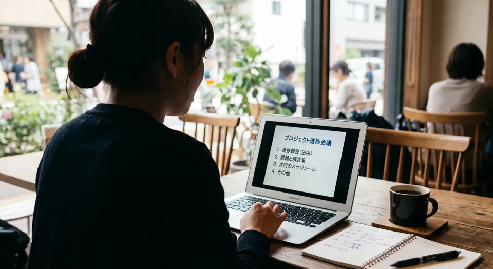 ノートPCでスライド解説動画を編集するイメージ